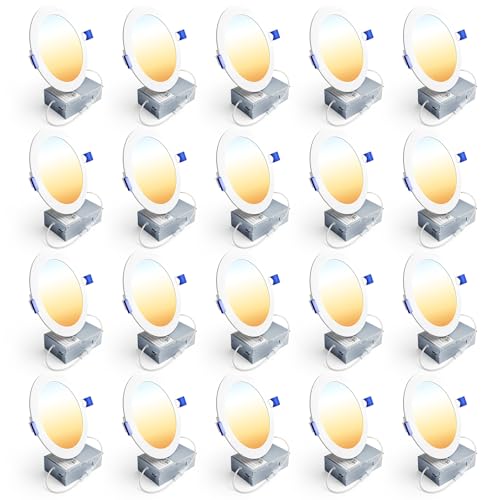 Ensenior 20 Pack 6 Inch LED Recessed Light Dimmable 2700K-5000K 5CCT 1200LM High Brightness 12W 120V Damp Rated ERL-12X-ETL Ultra-Thin Canless Wafer Light - ETL & FCC & IC