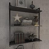 Industrial Floating Shelves with Black Marble Texture Wood and Towel Bar and 6 S Hooks, 3 Tier...