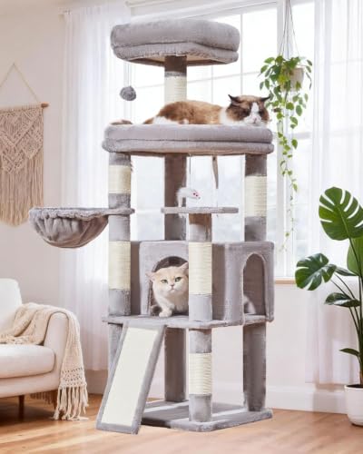 Image of Taoqimiao Sturdy Cat Tree, Cat Tower for Indoor Cats, Extra-Large Platform | 58.7Inch, Widened Cat Condo with Large Scratch Board, Top Perch, 6 Sisal Scratching Posts, Soft Basket, Light Gray, MS045W