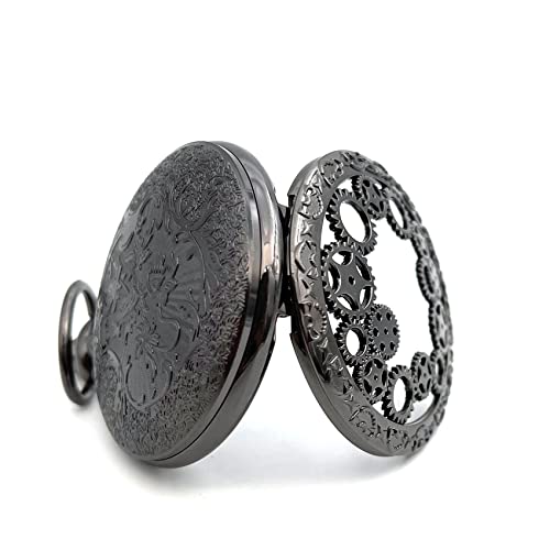 Kaevud Steampunk Vintage Pocket Watch Hollow Gear Quartz Clock Black Dial Antique Japanese Movement Watch 14 In Chain For Men #TOP2