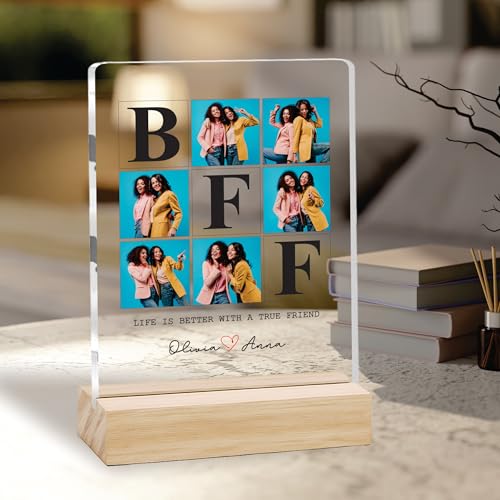Image of Giftplease Customized Friends Plaque with Wooden Stand | Personalized Photo Frame with Quote | Best Friend Birthday Gift, Farewell Gift, Friendship Day Gift for BFF Keepsake Room Decor FR 08