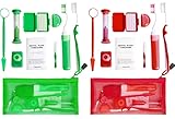 Uouovo Portable Orthodontic Oral Care Kit for Braces -2 Orthodontic Care Set - Dental Braces Kit, Interdental Brush Dental Wax Dental Floss Toothbrush Cleaning Kit(Green & Red)