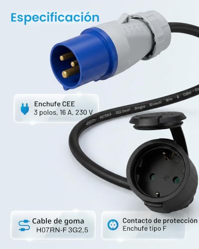 Miniatura 4 de Feletec Adaptador Cee A Enchufe Schuko 35 Cm Cable Para Autocaravana, Camping Y Caravana Ip44, H07rn-F 3g2,5, 230v 16a