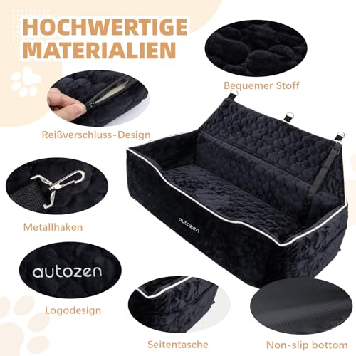 autozen Hunde Autositz für mittlerer große Hunde, Abnehmbarer Hundesitz Auto bis zu 54kg mit 2 Sicherheitsleinen, Waschbarer Hundebett Auto für den Rücksitz, Schwarz