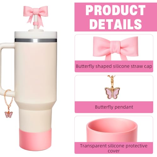 Image of HASTHIP for Stanley Cup Accessories of 9Pcs Charms Cute Bow Straw Cap, Straws, Cleaning Brush, Butterfly Handle Charm, Bottom Sleeve, Stanley Cup Decor Kit (Cup NOT Included)