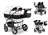 4 in 1 IHR SORGLOSPAKET- Das Kinderwagen-Set Twin Star ist ein 3 in 1 Multitalent. Er wird mit 3 Aufsätzen - Wanne, Sportsitze und Autositze - die sich einfach auf das Gestell anbringen lassen an Sie geliefert. Der Lieferumfang lässt keine Wünsche offen: 2 x Wanne, 2 x Abdeckungen, 2 x Sportsitze,2 x Beindecke, 2 x Bauchbügel, Wickeltasche, Regenfolie, Moskitonetz, 2 x Autositze, Gestelladpater. Alles was Sie und Ihre Kinder von Geburt bis zum 4. Lebensjahr für Unterwegs benötigen.