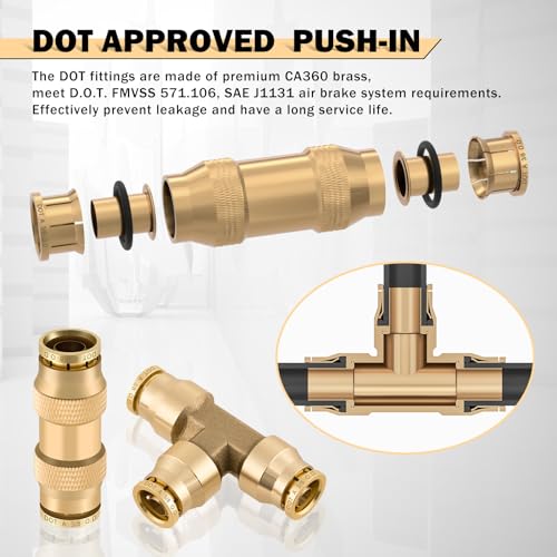 Image of CheeMuii 35 PCS Brass DOT Air Line Fittings Kit 1 /4 3 /8 1 /2 DOT Quick Connect Air Fittings Straight & Tee Union Push to Connect Air Hose Fittings for Semi Truck Trailers Air Brake System