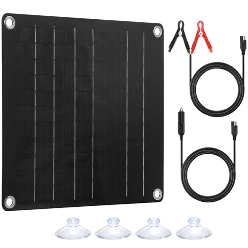 QWORK® Cargador de Batería Solar 12V 10W para Coche con Clips de Cocodrilo, Carga de Goteo con Panel Solar para Emergencias y Ahorro de Energía