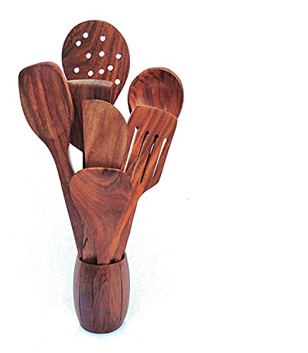 Image of Wooden Spoon for Cooking and Serving (Set of 7 (with Holder))