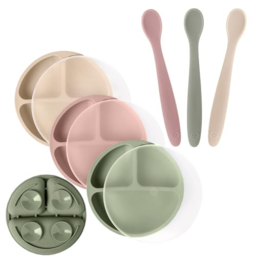 Image of WeeSprout 3 Suction Plates with Lids & 3 Soft-Tip Spoons Bundle - Complete Mealtime Set - Silicone Baby Dinnerware - Divided Toddler Plates - Microwave & Dishwasher Safe