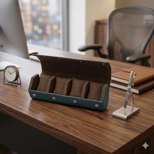 Image of essart 4 Slot Watch Roll Case - Croco Green PU Leather Travel Watch Organizer with Velvet Lining for Men & Women Premium Croco Green Faux Leather Watch Organizer