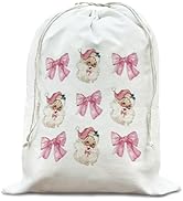 DSHFG Coquette Christmas Gift Bags, Pink Christmas Santa Bow Canvas Drawstring Bags, Reusable Chr...