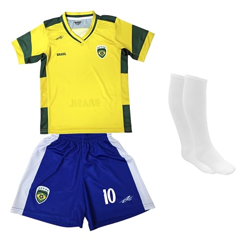 Brazil National Soccer Jersey Set, Youth Size, Yellow and Green, Lightweight Polyester, Customizable (US, Age, 4 Years, Yellow-10)