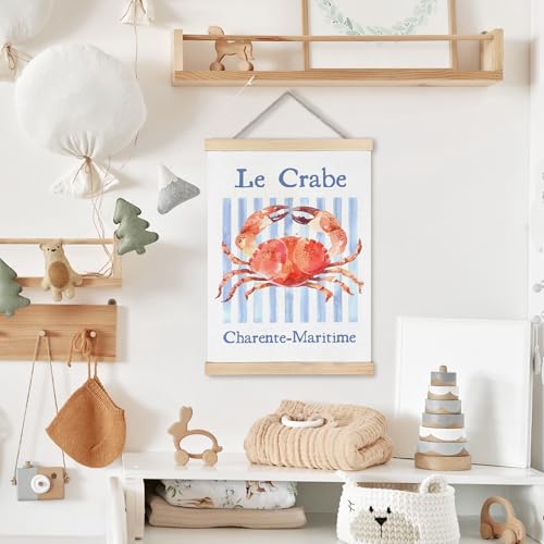 Image of PQKIY Coastal Beach Crab Wall Art Poster Hanger Frame 12x16 in, Summer Watercolor Beach Seafood Red Crab Blue Striped Aesthetic Wall Decor Canvas Prints for Home Kitchen Dining Room