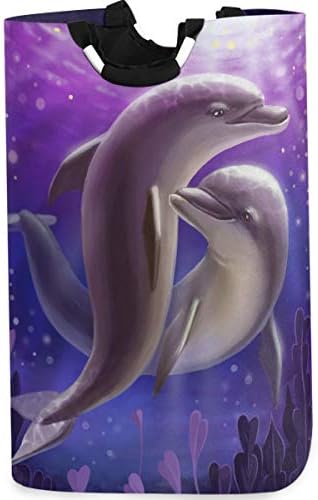 visesunny Lover Dolphin Animal Large Laundry Bag Collapsible Oxford Fabric Laundry Hamper Foldable Portable Dirty Clothes Laundry Basket with Handles Waterproof Washing Bin Laundry Tote Bag