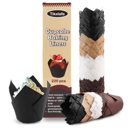 220pcs Tulip Cupcake Liners for Baking Cups,Standard Size,Parchment paper Tulip Muffin Liners-White,Natural,Brown,Black