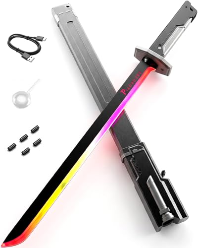 Spark Sword Light Up Sword 31.5 Cyberpunk Katana with USB-C Rechargeable Safe LED Glow Sword for Kids Cosplay Realistic Sasuke Style Toy for Halloween LARP Anime Battle & Gift (Grey)