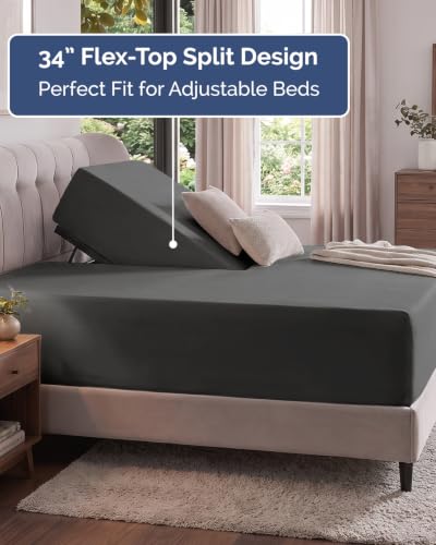 Image of Extra Deep Flex Top Split Head King Fitted Sheet - Hotel Luxury Single Fitted Sheet Only - Easily Fits 18 inch to 24 inch Mattress - Ultra Soft, Wrinkle Free w /Extra Deep Pockets - Charcoal