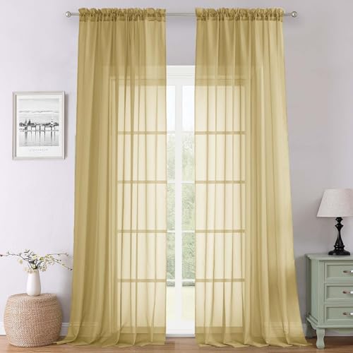 Lecloud Gold Sheer Curtains 120 Inches Long 2 Panels Set, Rod Pockets Light Filtering Curtains for Living Room Bedroom Dining Room, Solid Color Airy Voile Rustic Drapes, Each Panel 59" W x 120" L