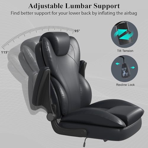 Office Desk Chair, Executive Leather Office Chair, High Back Ergonomic Home Desk Chair with Padded Flip-up Arms, Big and Tall Computer Chair with Rocking Function, 360°Swivel Free, Black - Image 6