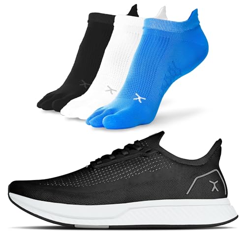 FLUX FOOTWEAR Adapt Bundle – Zero-Drop Running Shoes with Knit Upper & UltraFlex Midsole + 3-Pack Medium No-Show Toe Socks – Lightweight, Breathable, and Versatile – Black/White - US Size 10