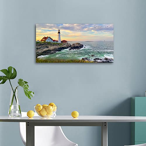 Tigeridge Portland Head Light Wall Art Sunset Lighthouse Canvas Wall Art For Living Room Ocean Canvas Pictures Seascape Artwork Canvas Prints Office Home Wall Decor Framed Ready To Hang 20" X 40" #TOP2