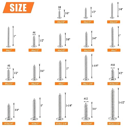 Helifouner HELIFOUNER---WOOD---SCREWS 540 Pieces #4#6#8#10#12 Wood Screws Set, Helifouner 18 Sizes Phillips Pan Head Self-Tapping Screws Assortment Kit thumb #3