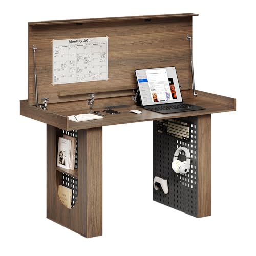55 Convertible Computer Desk 2-in-1 Flip-Top Desk & Dining Table with Hidden Storage Built-in Power Strip Pegboard Soft-Close Gas Spring Space-Saving for Small Apartment Black Walnut