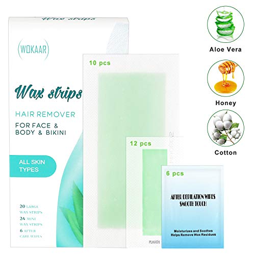 Wax Strips Waxing Strips for Full Body Face Leg Arm Underarm Brazilian Bikini LIne,20 Large Body Wax Strips,30 Mini Face Wax Strips,6 Cleaning Wipes (Green)