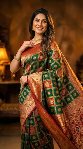 Image of C J Enterprise Women's Kanjivaram Silk Saree Woven Patola Banarasi Soft Sarees Zari With Blouse Piece (Hathi Patola)