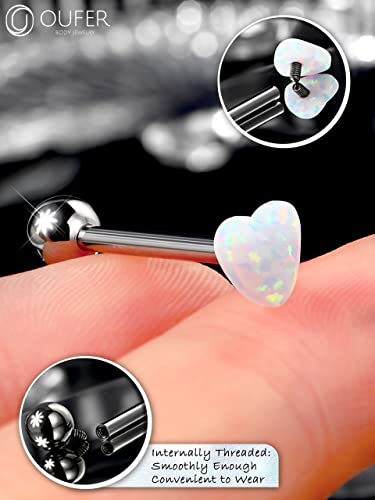OUFER Titanium Tongue Rings - Heart Piercing Jewelry with White Opal3