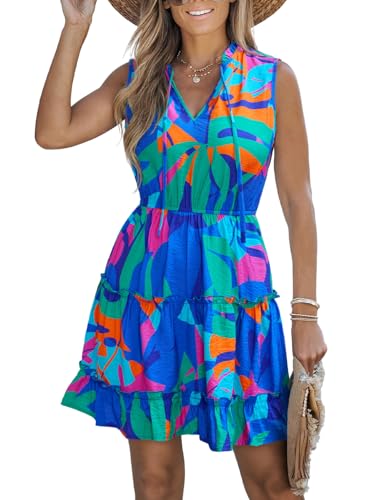 Image of CUPSHE Womens Summer Dresses Tie Neck Sleeveless Tiered Ruffle A-Line Tunic Mini Dress
