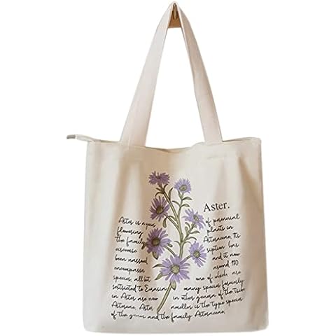 Floral Canvas Tote Bag Botanical Shopping Bag Aesthetic Flower Tote Bag Canvas Grocery Bag for Women Girl Trendy School Tote, Aster, One Size Cover