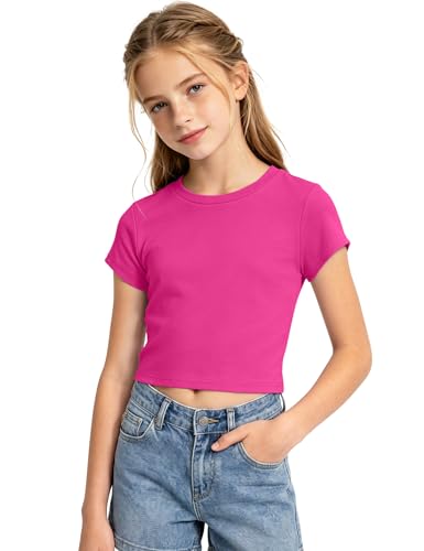 Image of Auranso Girls Crop Tops Kids Short Sleeve T-Shirts Basic Summer Tee Top