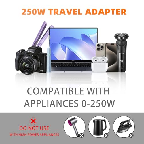 Yinleader 220V to 110V Voltage Converter Universal Travel Adapter Step Down Transformer with USB Charging and UK/AU/EU Worldwide Plug Adapter (250W)4