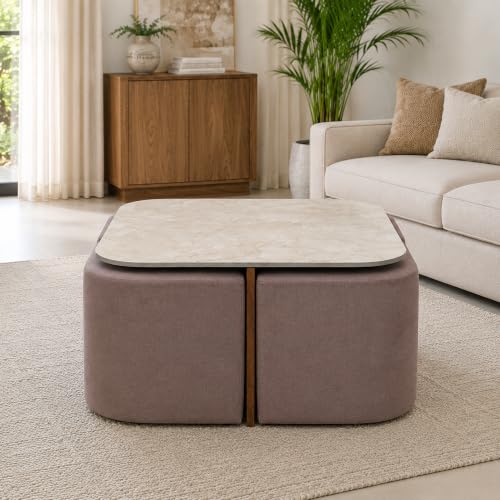 Image of The Attic Norwood Coffee Table, Coffee Table for Living Room, Coffee Table with 4 stools Solid Wood Centre Table with Ceramic Top, Tobacco Brown Finish