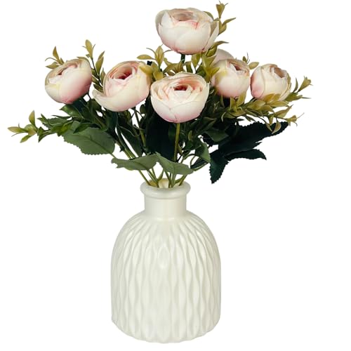 Image of Dekorly Faux Silk,Plastic Artificial Peony Flowers Bunch|White Vase with Flowers Bunch|Artificial Plants for Home Office Hotel Decor|Bedroom Living Room Bathroom Decor (Light Pink,Height : 30CM)