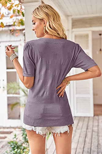 Image of Arach&Cloz Women's Lightweight Spring Summer Sweater Tops Casual Short Sleeve Blouses Shirts