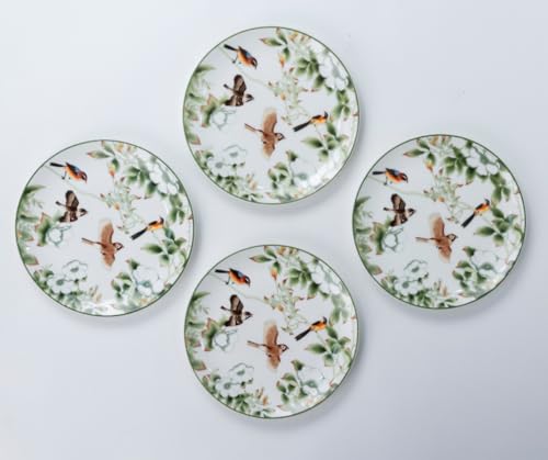 Image of GOLDEN QUEEN'S Snack Plates Set of 4 | Perfect for Snacks, Desserts, Appetizers, Salads, Tapas, Cheese | 7 inches Wide | Microwave Safe (Birds & Green Floral)