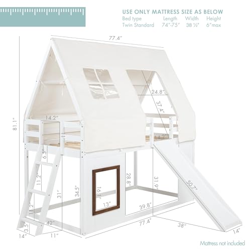 Spirich Wood Twin Over Twin Bunk Bed with Slide and Ladder, Kids House Bunk Bed Frame with Tent Roof Cover,Windows, White