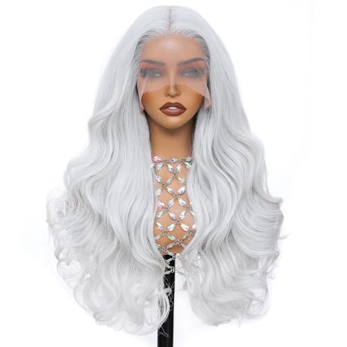 Barbique 26 Inch Grey Body Wave Synthetic Wig 13x6 HD Transparent Lace Front Wigs for Women Heat Resistant Glueless Pre Plucked Christmas Holiday Wigs 180% Density with Baby Hair