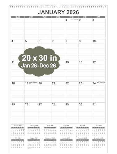 2026 Wall Calendar 12 Months Black 20x30