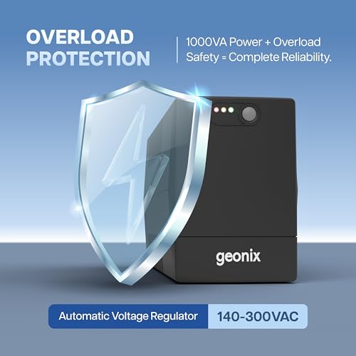 Image of Geonix UPS 1000VA / 600W - BIS Approved Uninterruptible Power Supply for Desktop PCs | Automatic Voltage Regulator, Auto Restart, Cold Start Function - Black
