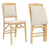 COSTWAY Padded Folding Chair Set of 2/4, Rubber Wood Counter Dining Chairs with Backrest, Upholstered Kitchen Office Conference Seats, 180kg Capacity (Linen Fabric Seat, Padded Back, Natural+Beige, 2)