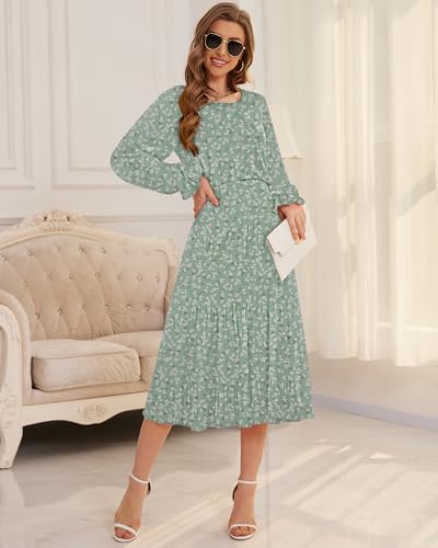 Image of CYiNu Women's Midi Dresses Long Sleeve Crew Neck Flowy Casual Floral Boho Tiered Chiffon Smocked Elegant Dress