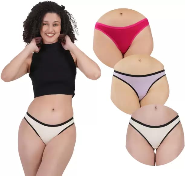 vokan Women's Cotton Bikini Panties, Pack of 3, Pink and White with Black Trim, Classic Style-picture-36