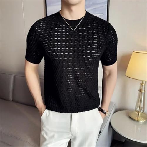 Men Summer Thin Knitted Hollow Out Round Neck Short Sleeve Elastic Slim Pullover2