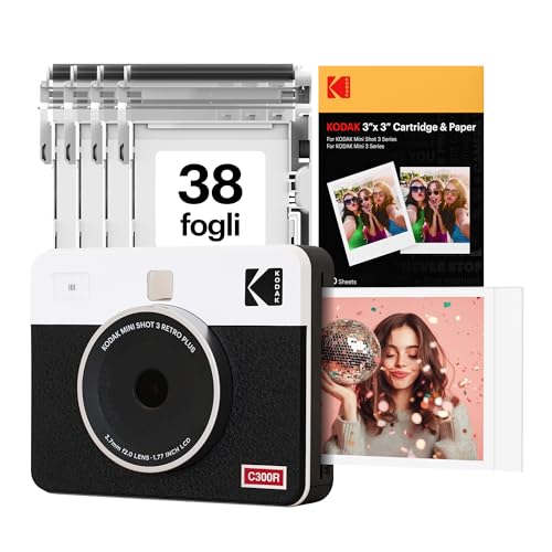 KODAK Mini Shot 3 Retro Fotocamera Digitale Istantanea & Stampante Fotografica 2-in-1 7,6 x 7,6 cm, 38 Fogli, Fotocamera Portatile con Stampa, Stampante per iOS & Android, Sublimazione 4PASS, Bianca