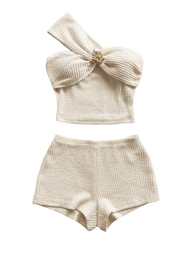 Verdusa Women's 2 Piece Vacation Outfits Textured One Shoulder Crop