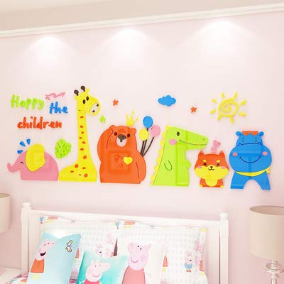 Pegatinas de pared de dibujos animados de animales acrílicos para jardín de infantes, tema de protección del medio ambiente, decoración de pared pegatinas de diseño de habitación de los niños